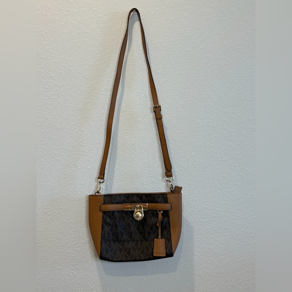 Michael Kors Hamilton Crossbody Bag Brown MK Logo Leather Trim